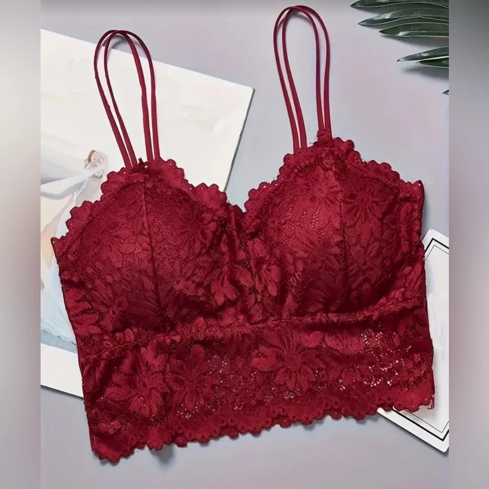 New wireless lace bralette, burgundy/maroon, double strap detail - Picture 1 of 5
